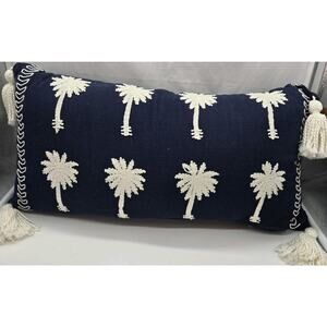 Coastal Collection Cushion Pillow Navy Cream Embroidered Palm Trees Tassels NEW